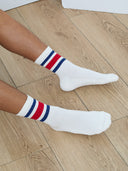 Three-Stripe Calf-Length Rugby Socks in Navy & Red
