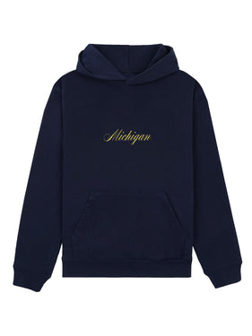 navy hoodie with michigan in script font one dna